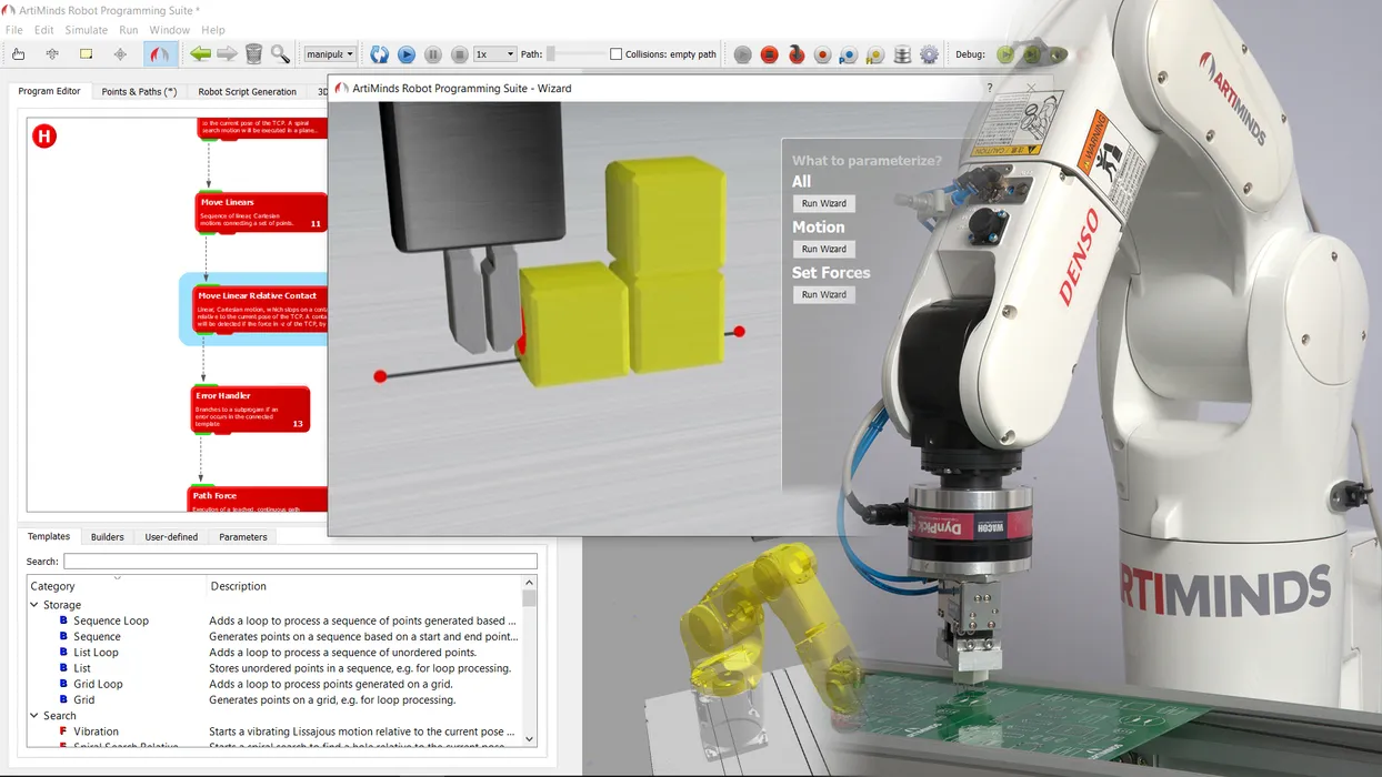 Bild 1: Mit der Robot Programming Suite (RPS) von ArtiMinds lassen sich intuitiv Roboter aller namhafter Hersteller programmieren. Programmiert wird nicht wie bisher über Zeilencode, sondern grafisch mit vordefinierten Anwendungspaketen. Das Tool spielt seine Vorteile im gesamten Prozess aus, von der Planung über die Programmierung bis hin zur Instandhaltung. (Urheber: ArtiMinds)