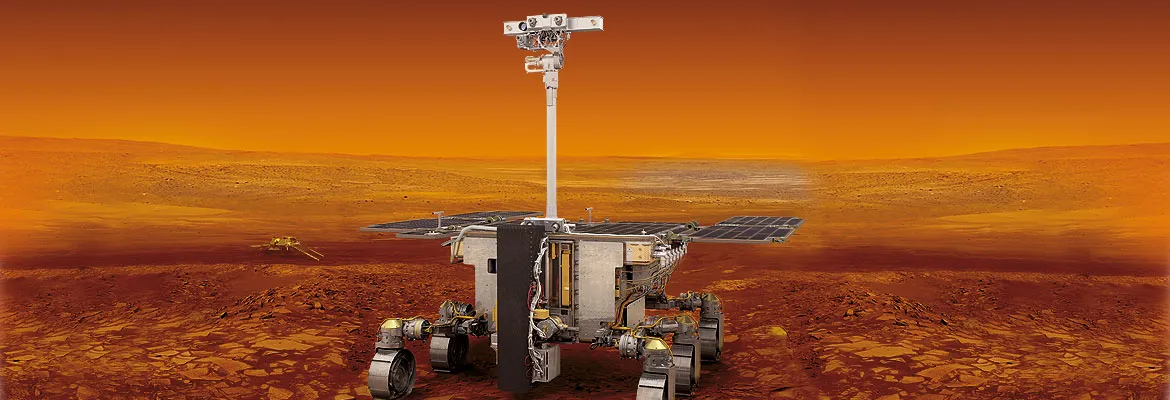 Bild 1: Der ExoMars Rover soll nach der Landung nach biologischen Aktivitäten auf dem Mars suchen. Das Kamerasystem ist auf einem 2 m hohen Mast montiert. (Quelle: ESA/ATG medialab)