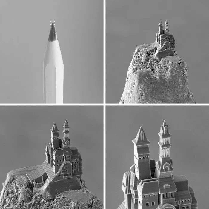 Bild 1: Das im Nano-3D-Druck hergestellte Schloss auf der Bleistiftspitze beeindruckt durch feinste Details. Horizontal sind Strukturen kleiner als 200 Nanometer, vertikal kleiner als 550 Nanometer möglich. (Urheber: UpNano)
