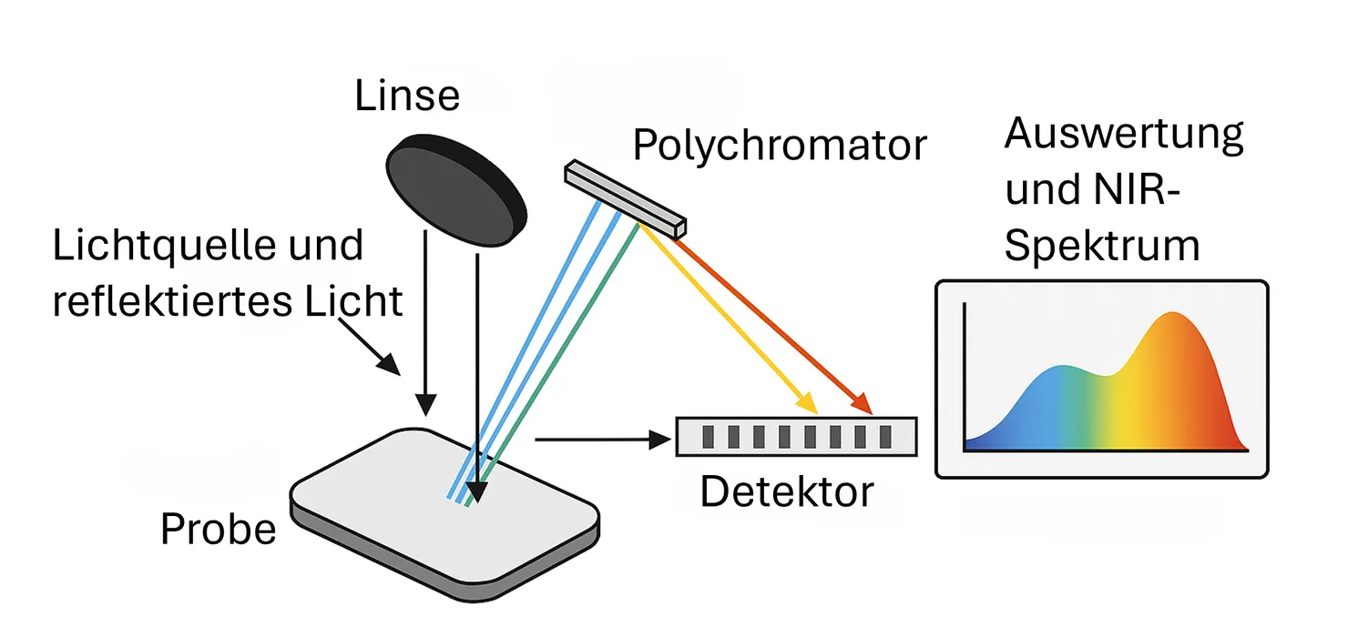 Bild 2: Aufbau eines dispersiven Nahinfrarotspektrometers. NIR- Reflektionsmessungen ermöglichen zerstörungsfreie Analysen produktionsrelevanter Inhaltsstoffe (Urheber: Polytec)