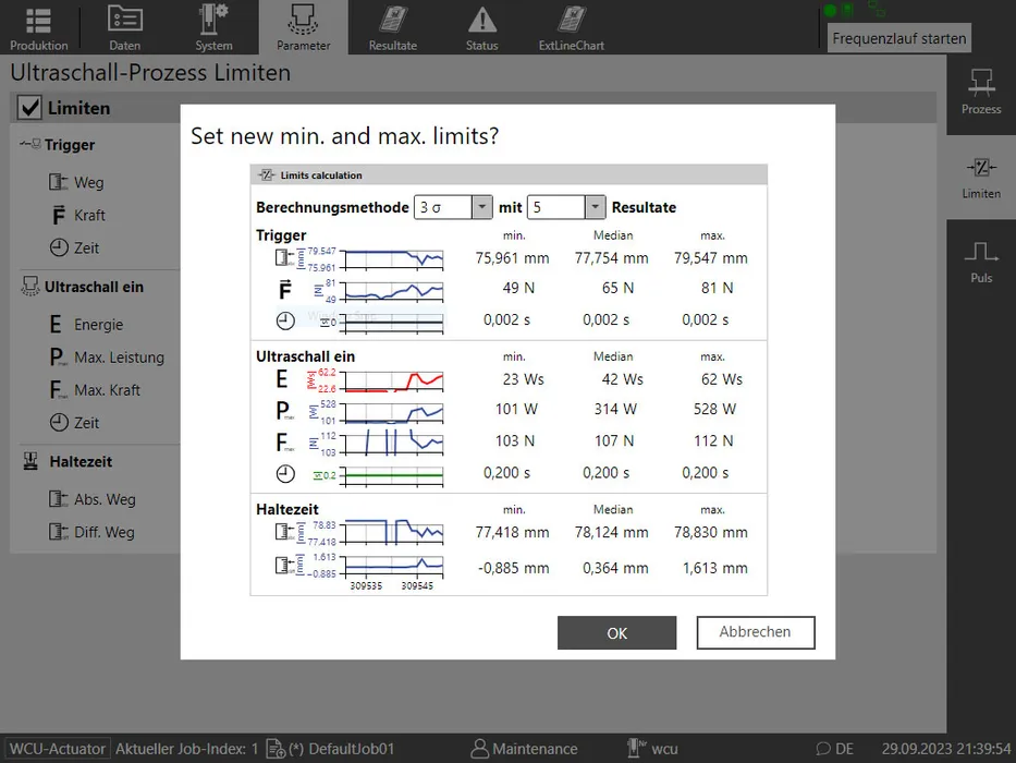 Bild 3: Automatisierte Grenzwerterstellung und einstellbare Prozessparameter für maximale Qualitätssicherung mit der Quality Sigma App. (Urheber: Telsonic)