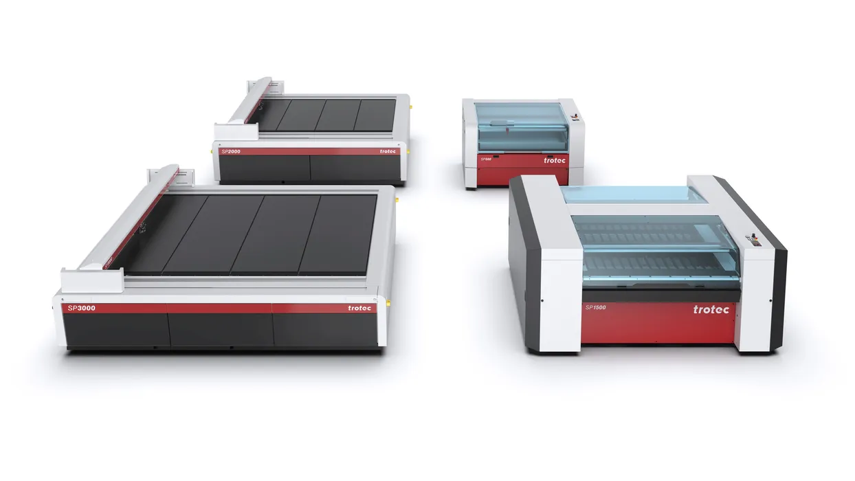 Bild 1: Flachbett-Laser in fünf Varianten für Flächen von 1250 x 710 bis zu 3250 x3210 mm. (Urheber: Trotec)